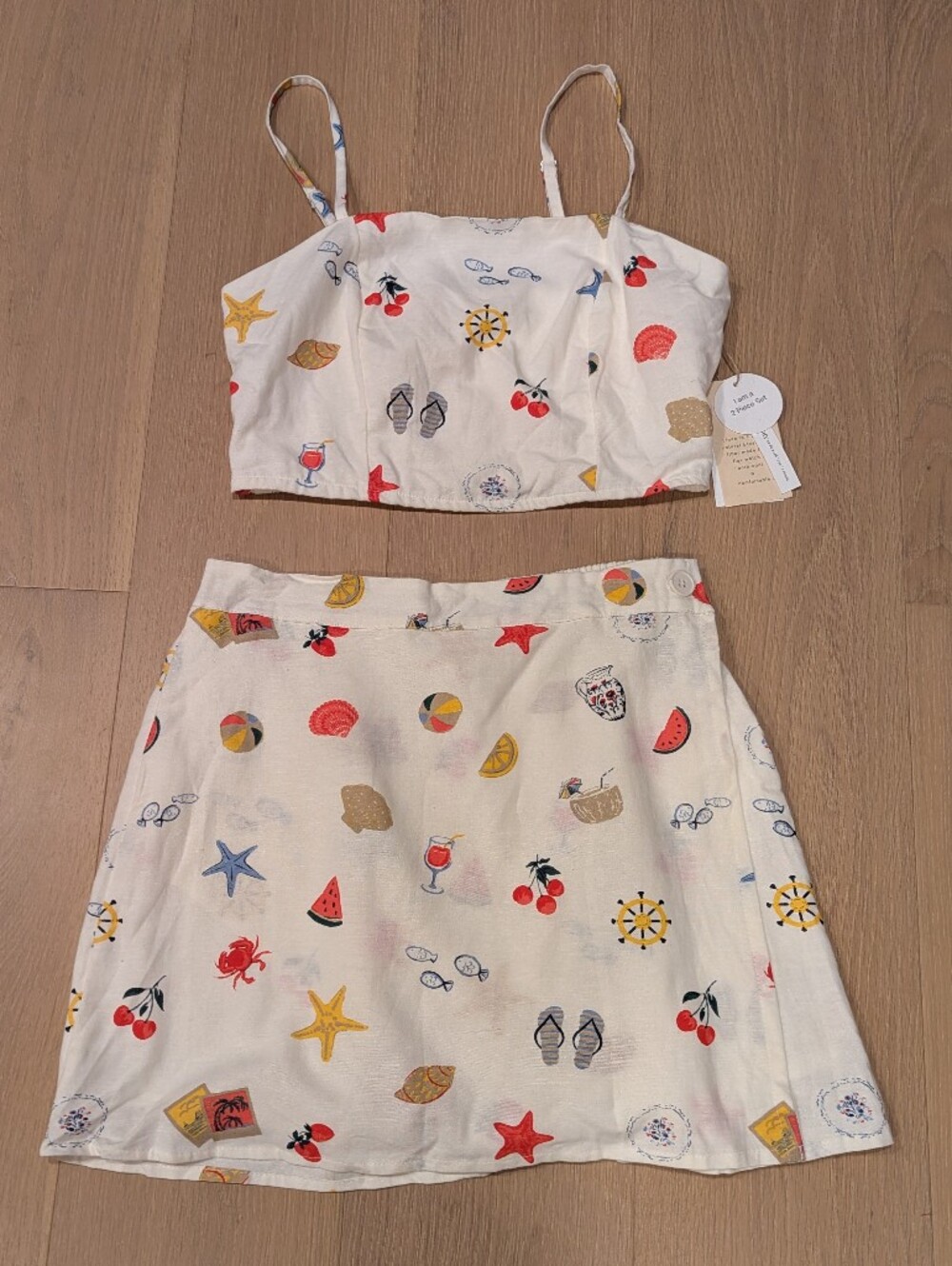 Summer Beach Print Two-Piece Set - Cream with Red, Blue & Yellow Motifs